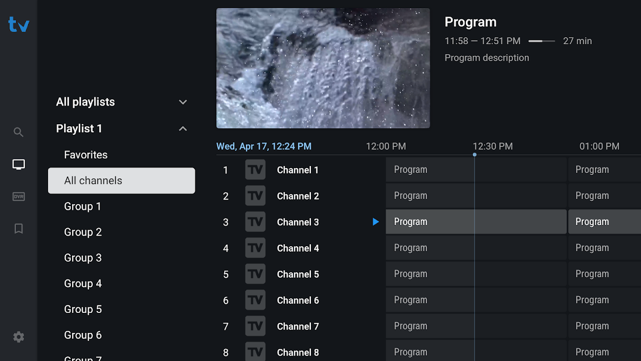 tivimate player pro interface channels epg guide fire stick